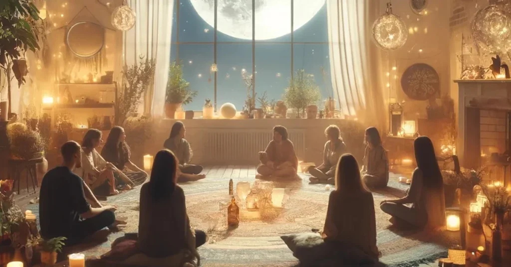 A group of people sitting and performing a moon circle with the moon framed in the window, one of the types of events at Life Temple