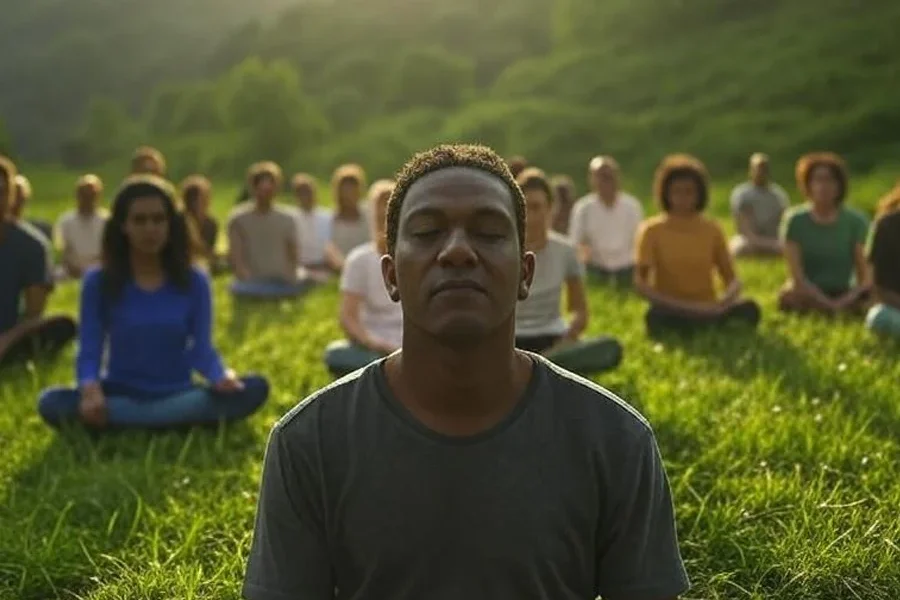 A group of people sitting crossed legged meditating to create intentions outside with the sun shining down