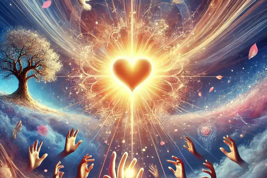 Hands reaching up to heart in the heavens looking for the spirit of love